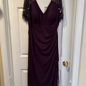 Xscape Deep Purple Maxi Dress with Embellished Sleeves